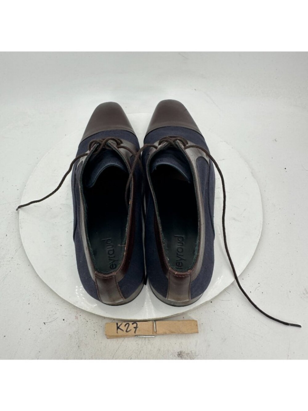 Heyraud Men Size EU 44 US 10 Blue Denim Brown Leather Cap Toe Derby Dress Shoes - Picture 9 of 11